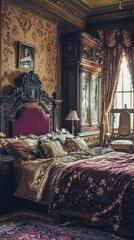 Elegant vintage bedroom featuring ornate furniture, rich fabrics, and intricate decor, creating a luxurious and cozy atmosphere.