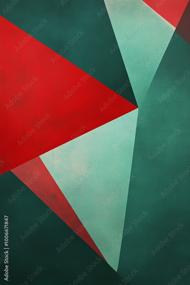 Poster this abstract artwork shows intersecting sharp triangles in red and green against a muted, textured 