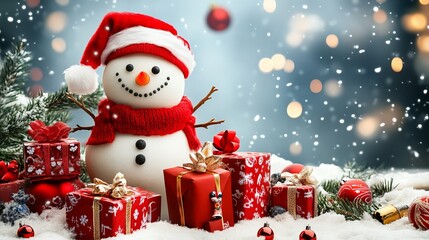 Cute Snowman Surrounded by Colorful Gifts for a Joyful Christmas and New Year Celebration Wallpaper