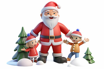 Joyful Flat Santa Playing in the Snow with Children � Lively Winter Scene Illustration for Holiday Cheer