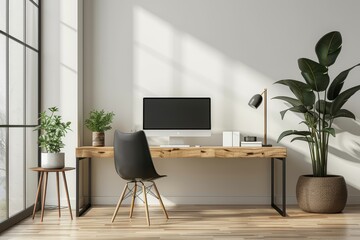 3D rendering of a modern home office interior featuring a wooden desk, black chair, and white wall, with a focus on a computer monitor in a minimalist design.