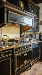 Elegant vintage kitchen featuring classic appliances and rich wooden accents, perfect for culinary inspiration and home decor.