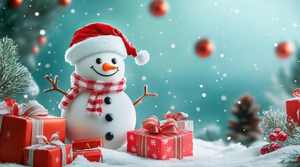 Fototapeta premium Cute Snowman Surrounded by Colorful Gifts for a Joyful Christmas and New Year Celebration Wallpaper