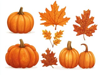 Isolated autumn leaves and pumpkins on a transparent background. Stock image.