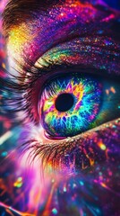 Naklejka premium Colorful eye close-up with neon lights, vibrant art concept