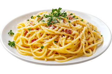 Pasta Carbonara in a plate on a transparent background