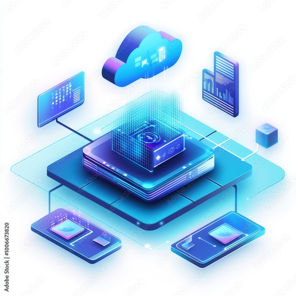 Poster a futuristic illustration depicting cloud computing with integrated data across various connected te
