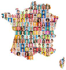 Portraits von Menschen vieler Generationen auf Landkarte von Frankreich