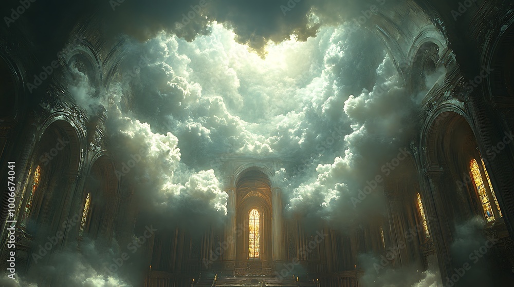 Poster surreal cloudscape through gothic architecture