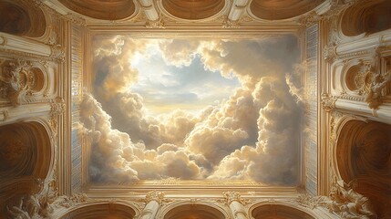 Sky Ceiling Fresco in Ornate Hallway with Golden Trim