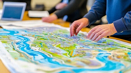 Team of Engineers Analyzing Hydropower Plant Locations on Map