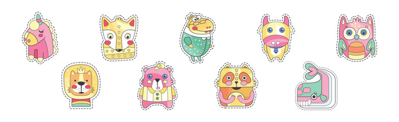 Cute Animal Sticker or Patch with Pretty Mammal Vector Set