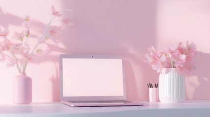 A pink laptop rests on a white table with pink flowers in a vase.