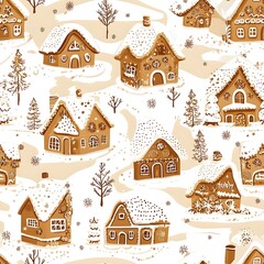 Gingerbread Village on Christmas, New year and other holidays with seamless pattern.