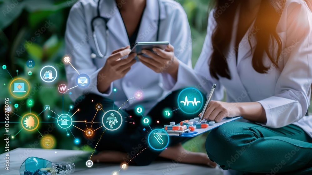 Poster two doctors are sitting on the floor with a tablet in front of them