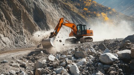 Heavy-duty excavator at work in the mountains during a construction project, showing power and machinery in action