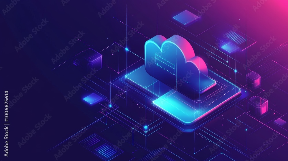 Poster this image presents a futuristic depiction of cloud technology, featuring neon lights and abstract d