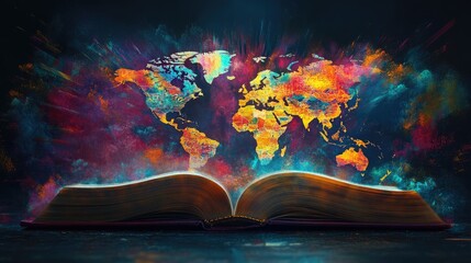 An open book with a colorful world map, symbolizing the Christian global mission, with rays of light connecting the continents, representing spiritual unity.
