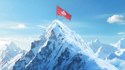 Flag on snowy mountain peak symbolizing business success. Mountain Peak. Illustration