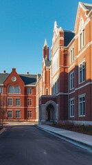 Fototapeta premium Historic brick building on a sunny day, showcasing classic architecture and serene atmosphere ideal for educational settings.
