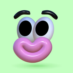Funny 3D face. Playful inflatable character with a wide smile, plastic texture. Naive sticker with big pink lips.