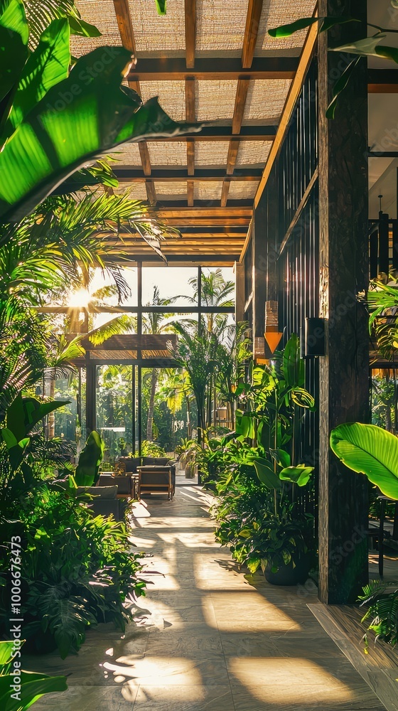 Poster lush indoor garden with sunlight filtering through large windows, creating a tranquil atmosphere in 