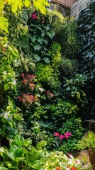 Fototapeta premium Lush vertical garden showcasing a variety of vibrant plants, creating a serene and inviting green space.