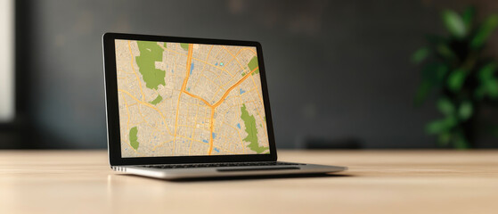 Interactive digital map on laptop, blurred background, showcasing modern technology integration in corporate office, dynamic work environment.