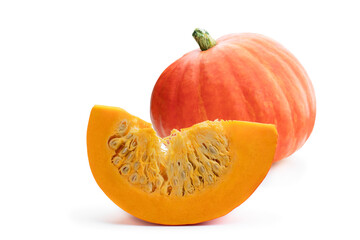 Whole and cut fresh ripe pumpkins isolated on white