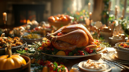 Turkey dishes are abundantly placed on the table on Thanksgiving Day,