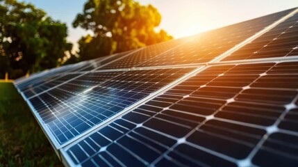 Solar panels with sunlight and trees