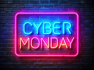 Obraz premium Cyber Monday neon sign glowing brightly against dark brick wall, creating vibrant and modern atmosphere. Perfect for promotions and sales events