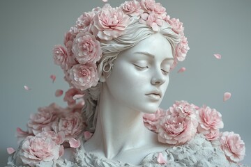 Sculpture of Greek Goodness with pink flowers on a gray background.