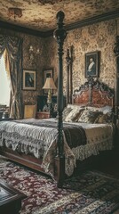 Luxurious vintage bedroom showcasing ornate decor, rich fabrics, and classic furnishings creating a warm, inviting atmosphere.