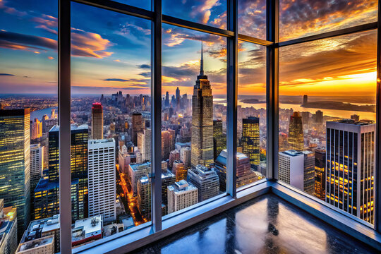 Fototapeta stunning cityscape is seen from skyscrapers windows, showcasing vibrant skyline at sunset. view captures essence of urban life and architectural beauty