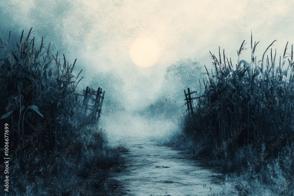 Poster a path through a field of tall grass with a fence on the right side