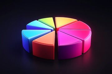 Obraz premium A glowing 3D pie chart divided into colorful segments, symbolizing data analysis, information breakdown, and the modern representation of statistical data.