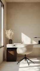 Minimalist office space featuring a stylish desk, modern chair, and elegant decor, perfect for productivity and contemporary aesthetics.