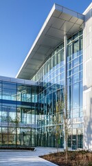 Modern architectural design featuring a glass building with clean lines and natural light, set against a blue sky.