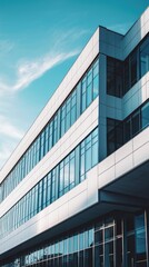 Modern architectural design featuring a sleek building exterior with large glass windows under a clear blue sky.