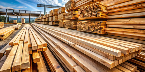 Fototapeta premium Lumber stacked neatly in yard, showcasing various lengths and types of wood. warm tones of timber contrast beautifully with blue sky, creating serene and organized atmosphere