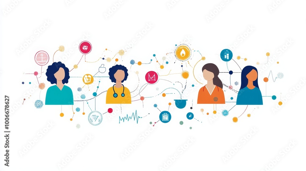 Poster networking conceptual illustration with abstract figures and colorful links representing healthcare 