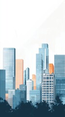 Fototapeta premium Modern city skyline featuring various skyscrapers and buildings in a vibrant urban landscape under a clear sky.