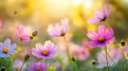 Vibrant Cosmos Flowers in Golden Light