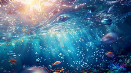 Obraz premium Beneath the Waves: A Colorful Underwater Scene with Sunlight and Fish