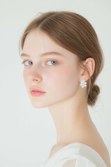 Fototapeta premium Elegant Portrait of a Woman with Flower Earrings and Glossy Lips