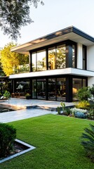 Fototapeta premium Modern house exterior with lush garden and swimming pool, showcasing contemporary architecture in a serene outdoor setting.
