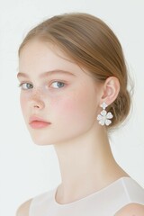 Elegant Portrait of a Woman with Flower Earrings and Glossy Lips