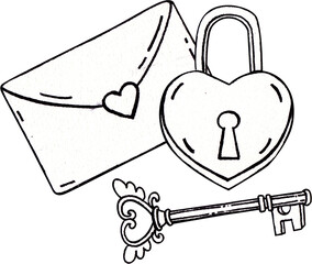 A sealed letter with a heart sticker, heart-shaped padlock, and key with wings, hand-drawn line art  illustration