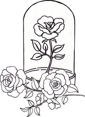 A rose in a glass jar sits beside another rose on an S-shaped stem with leaves, hand-drawn  line art illustration